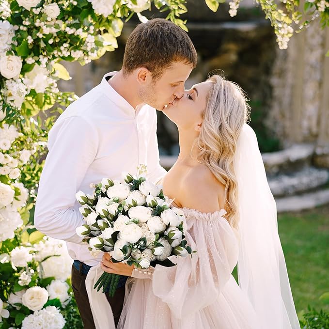 Hoteam 24 Bundles Artificial Peonies Flowers Wedding Faux Flowers Silk Peony Bouquet Bulk Bride Fake Florals Arrangements for Table Centerpieces Wedding Party Vase Decor (White)