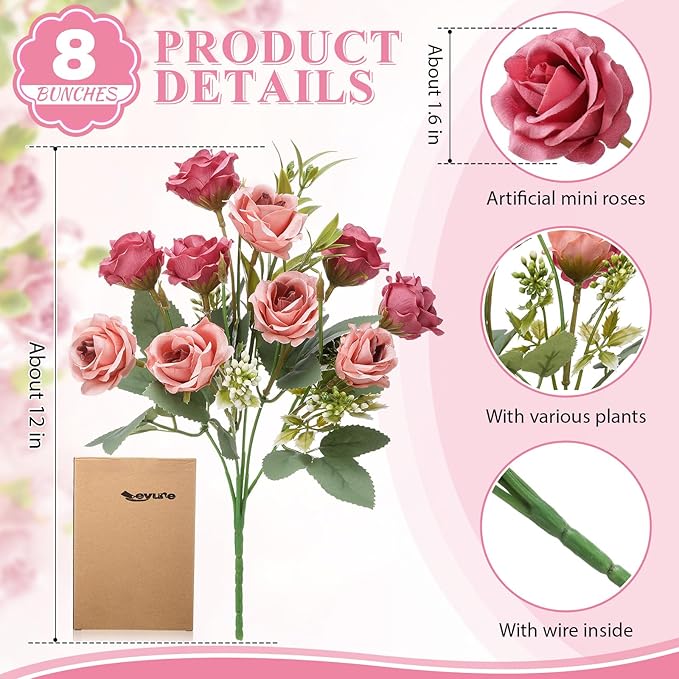 Zeyune 8 Pack 12 Inch Wedding Bouquets for Bride Bridesmaid Pastel Pink and Pale Pinkish-Grey Artificial Rose Bouquet Fake Silk Roses Flowers Bunches Bulk for Home Office Garden Parties Decoration