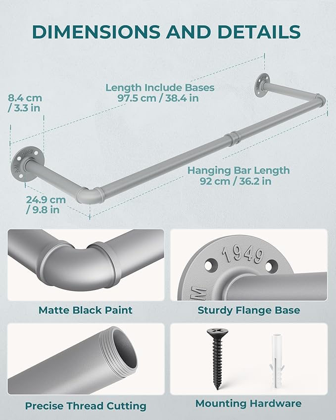 OROPY Industrial Pipe Clothes Rack Wall Mounted Set of 2, 38.4 inches Heavy Duty Iron Pipe Clothing Garment Rail, Multi-Purpose Clothing Hanging Rod for Laundry Room and Closet Storage, Silver Gray