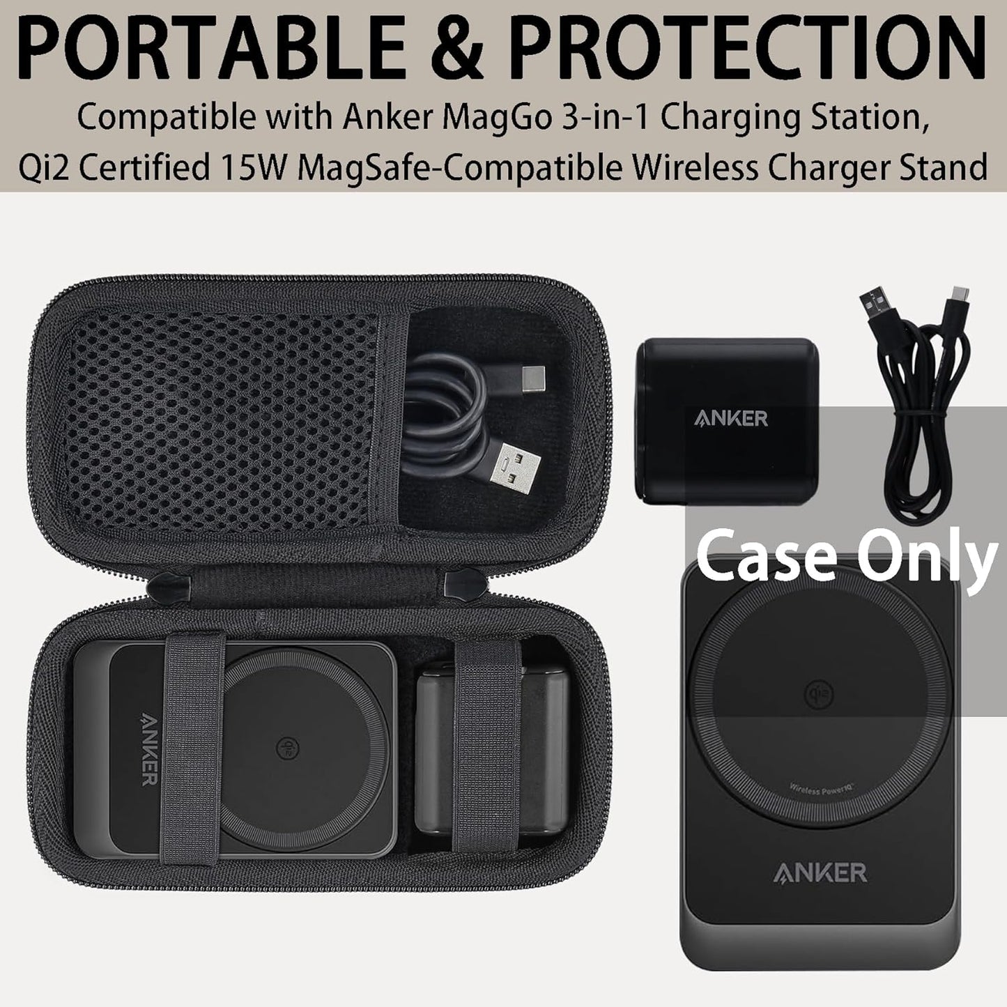 khanka Hard Travel Case for Anker MagGo 3-in-1 Charging Station, Qi2 Certified 15W MagSafe-Compatible Stand (Black)