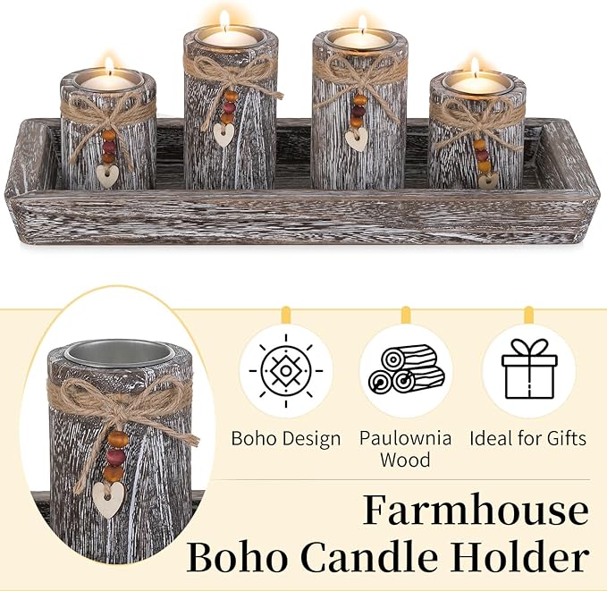 Farmhouse Coffee Table Decor Candle Holder - Romadedi Boho Wooden Tray with 4 Tealight Candles Holders for Tables Centerpiece Home Decorations Living Room Fireplace Whitewashed