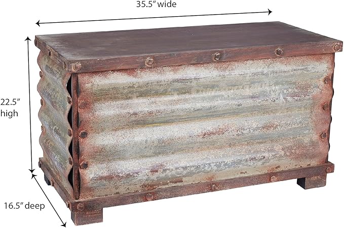 Household Essentials Decorative Trunk, Rustic, Large, Wood Frame and Metal Siding, Spacious and Handmade, Fully Opening Lid, Black Interior, Driftwood and Silver