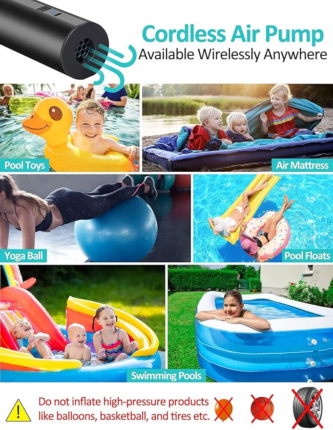 Electric Air Pump for Inflatables- 2×2000mAH Rechargeable Battery Powered Air Mattress Pump- Cordless Portable Air Pump, Quick-Fill Inflator Pump for Camping Air Mattress Bed, Pool Floats Toys, Boats