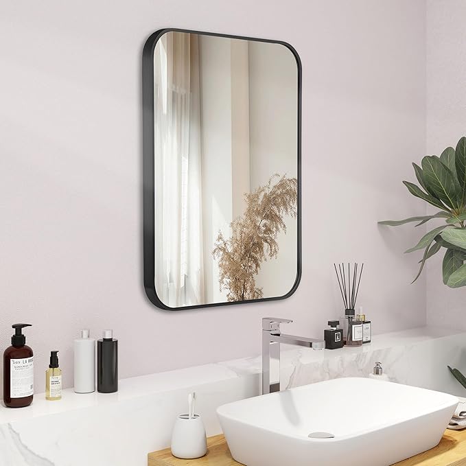 20"x30" Brushed Matte Black Mirror for Wall, Rounded Rectangle Mirror with Metal Frame Hanging for Bathroom Entryway Vanity,Living Room,Bedroom,Vertical or Horizontal