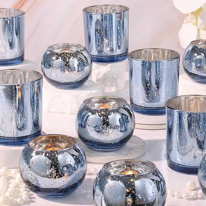 10 Pcs Assorted Blue Votive Candle Holders, Larger Size Mercury Glass Candle Holder, Blue Tea Light Candle Holders for Wedding Decorations, Centerpieces for Tables, Baby Shower
