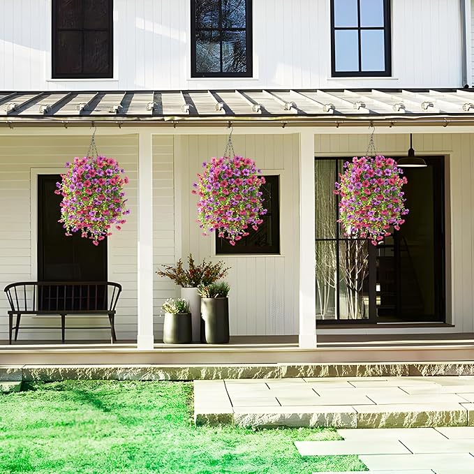 Artificial Fake Hanging Plants Flowers Baskets for Outdoor Outside Spring Decor,Faux Silk Daisy UV Resistant Look Real Summer Decorations for Home Porch Patio Yard Garden(Light Purple