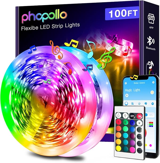 phopollo Bluetooth Led Strip Lights 100ft (2 Rolls of 50ft), RGB Color Changing LED Lights for Bedroom, Kitchen Decoration, App Control and Music Sync