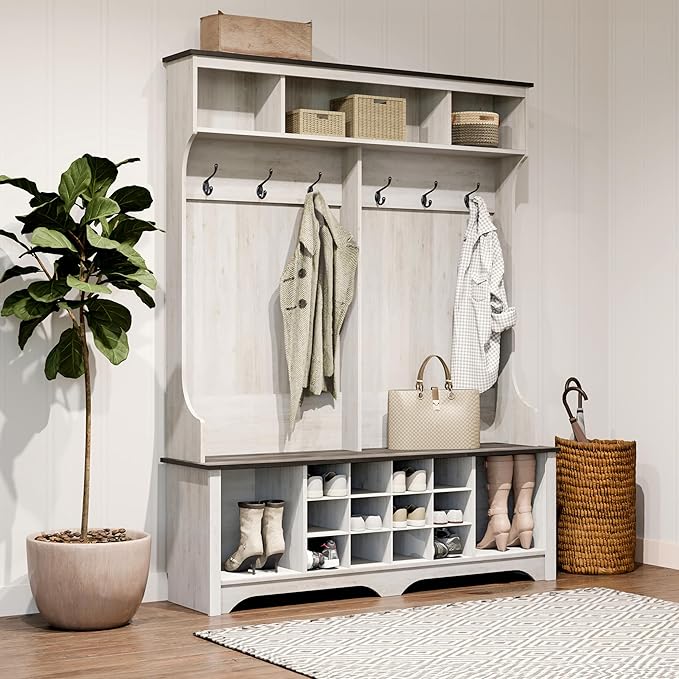 Prepac Farmhouse Washed White Hall Tree, Shoe Cabinet, Storage Cabinet with 12 Shoe Cubbies, 2 Boot Cubbies and 6 Double Coat Hooks 15.5" D x 60" W x 77" H