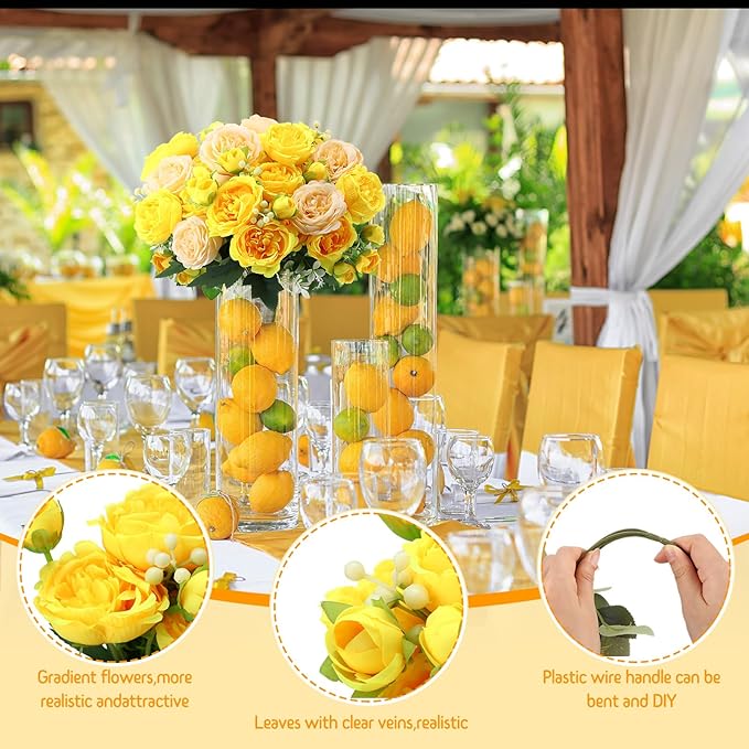 Geosar 8 Bundles Artificial Peonies Flowers Fake Silk Peony Bouquet Faux Peonies Flowers Bulk for Decoration Vase Floral Arrangements Wedding Party Table (Yellow,Champagne)