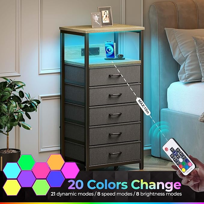 Seventable Night Stand with Charging Station, Tall Nightstand with 5 Fabric Storage Drawers, Side Table with LED Light for Bedroom, Entryway, Greige