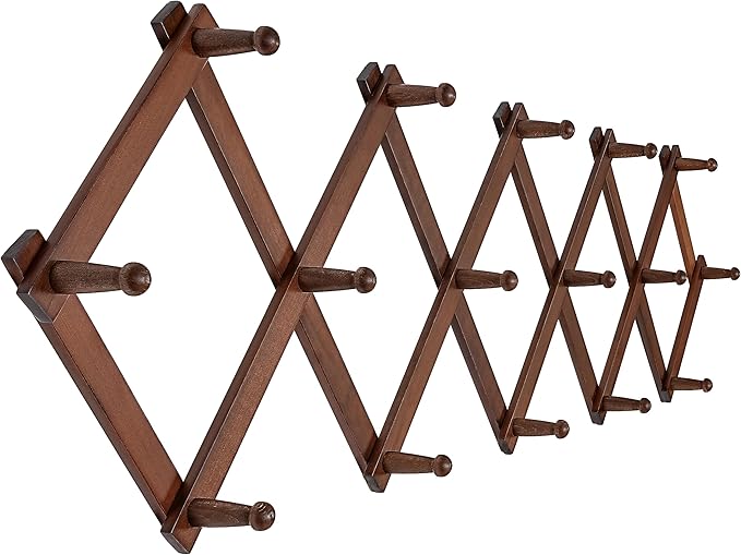 SKOLOO Accordion Wall Hanger with 16 Hooks, Modern Expandable Coat Rack Hat Rack for Wall, Solid Wooden, Walnut Color