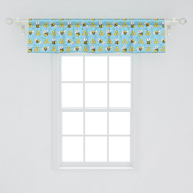 Ambesonne Cartoon Window Valance, Summer Style Funny Demonstration of Happy Flying Characters and Hexagon Comb, Curtain Valance for Kitchen Bedroom Decor with Rod Pocket, 42" x 12", Sky Blue Mustard