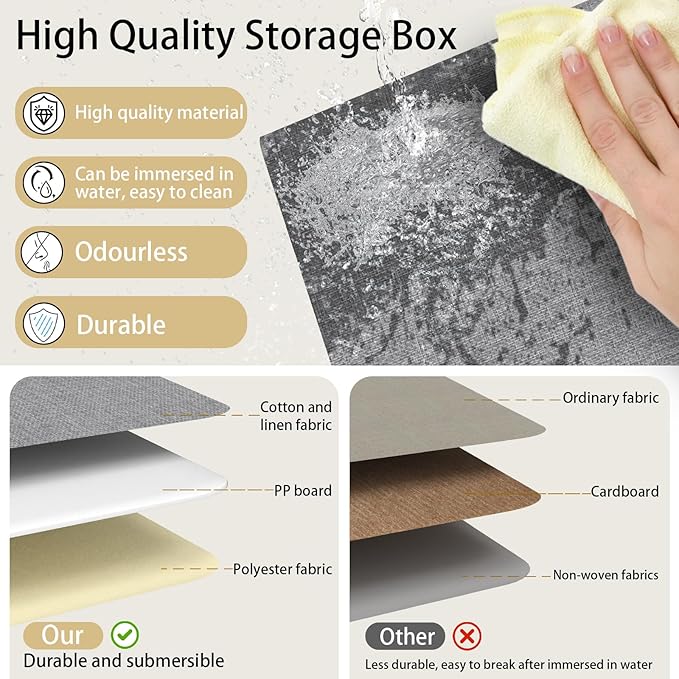Yawinhe Fabric Storage Bins with Handles, Foldable Baskets for Shelves, Cubes with 3 Handles, Large Boxes for Clothes, White/Grey, 16.9''Lx11.8''Wx10.2''H, 4-Pack