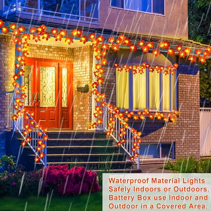 GBD Thanksgiving Decorations-5 Pack Total 50Ft 100LED Fall Garland with Lights Battery Operated Enlarged Maple Leaves Garlands for Fall Decorations for Home Christmas Halloween Indoor Outdoor Decor