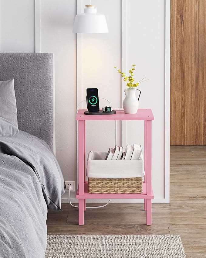 TUTOTAK End Table with Charging Station, Set of 2, Small Side Table with Outlets, Nightstand Bedside Table, 2-Tier Storage Shelf for Small Space, Living Room, Bedroom Pink TB01BP041