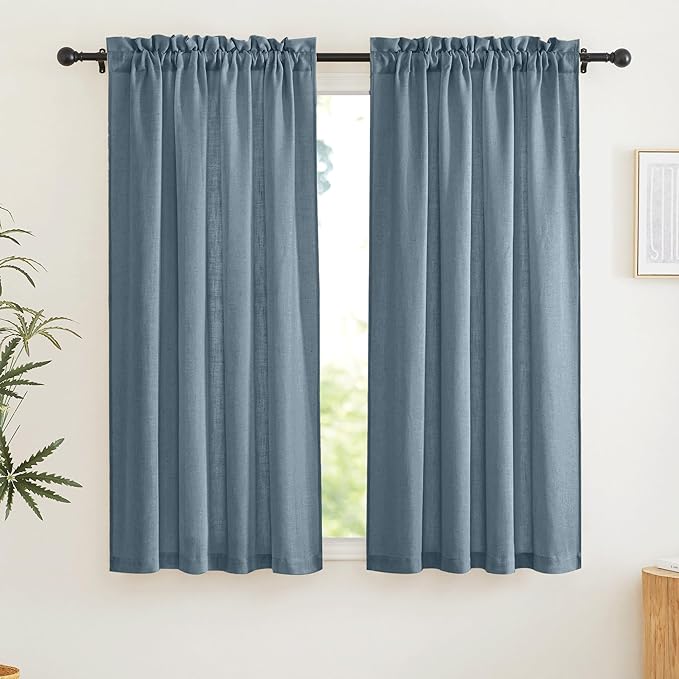 RYB HOME Blue Curtains Sheer - Flax Linen Sheers Farmhouse Curtains Airy Light Filtering Privacy Window Covering for Bedroom Living Room Dining, Stone Blue, 52 inch Width x 63 inch Length, 1 Pair