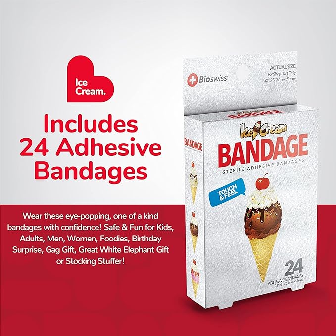 BioSwiss Bandages, Ice Cream Shaped Self Adhesive Bandage, Latex Free Sterile Wound Care, Fun First Aid Kit Supplies for Kids, 24 Count