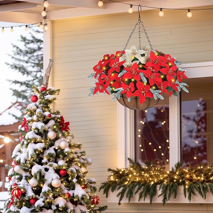 Florielle Artificial Fake Christmas Hanging Flowers Plants Basket with LED Lights, Faux Poinsettia, Pine Branches, for Outdoor New Year Xmas Decoration, Porch Home Holiday Decor (White)