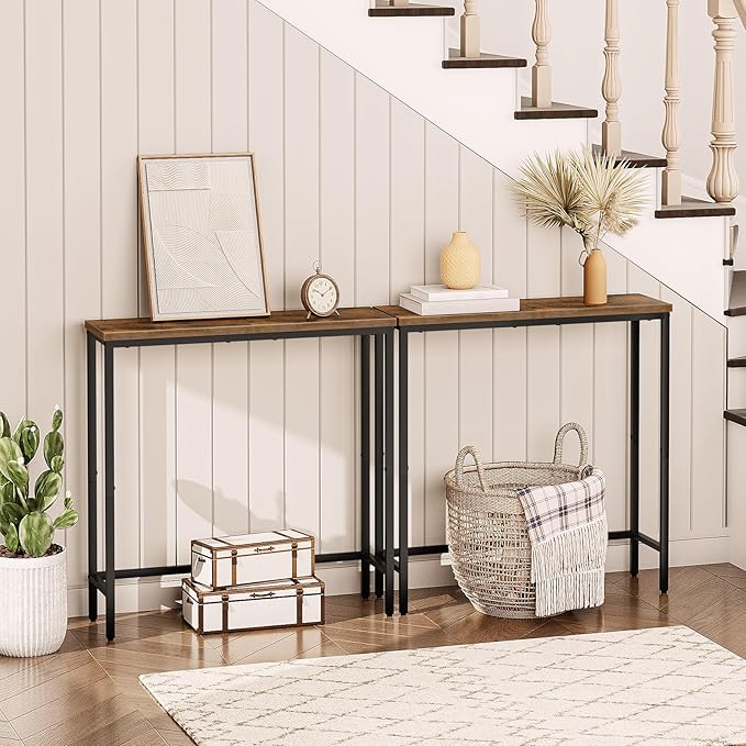 HOOBRO Narrow Console Table, 29.5" Small Entryway Table, Thin Sofa Side Display Table, for Hallway, Bedroom, Living Room, Foyer, Rustic Brown and Black BF75XG01