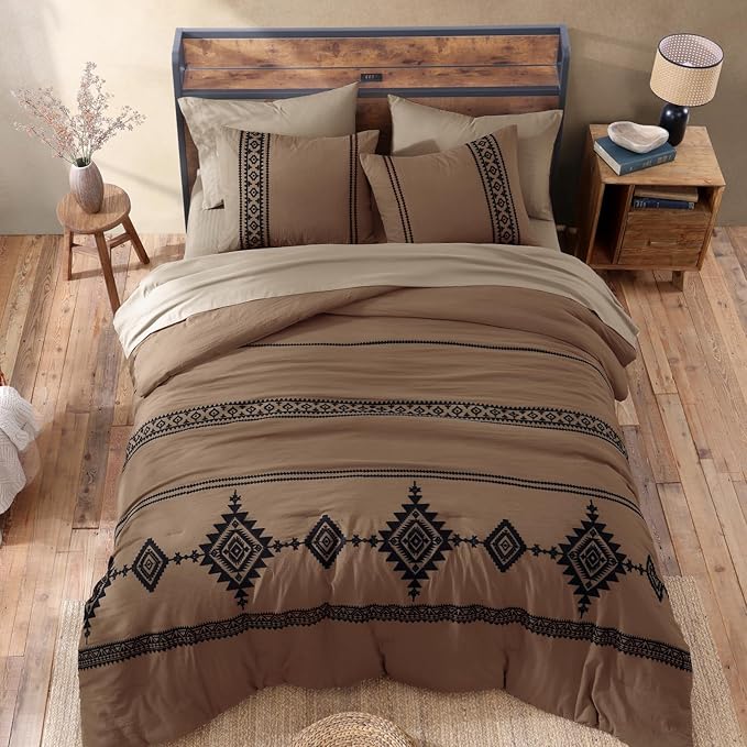 MaiRêve Embroidery King Size Comforter Set Brown, Boho Farmhouse Western Bedding Set 7 Pieces, All Season Bed in A Bag Comforter Set with Sheets, Pillowcases & Shams
