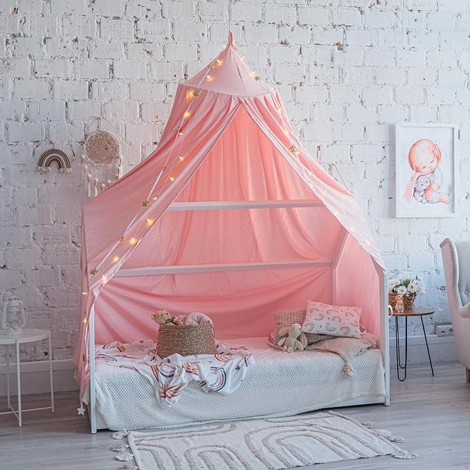 Bollepo Bed Canopy with Lights - Pink Princess Canopy for Girls Room | Single, Twin, Full, Queen | Kids Bed, Hanging Fairy Led Canopy