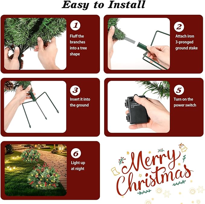 Lewondr Set of 2 Prelit Pathway Christmas Trees, 20.87" Outdoor Christmas Tree with 50 LED Lights, Pine Cones Red Berries, Battery Operated Outdoor Xmas Decor for Yard Home Porch