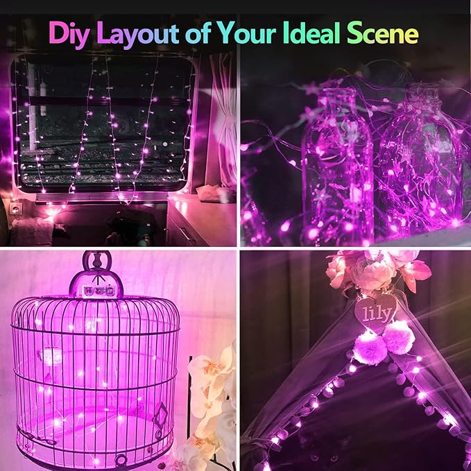 2 Pack 100LED Christmas Battery Operated Fairy Lights with Remote, 8 Modes String Lights with Timer, Dimmable, Memory Function, Waterproof Twinkle Lights for Outdoor Indoor Christmas Decor(Purple)