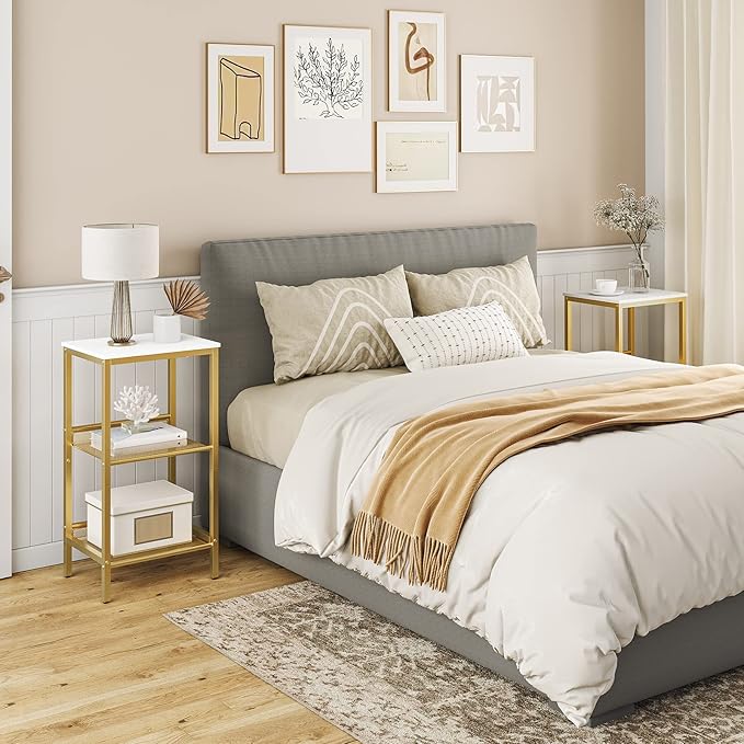 HOOBRO Side Table, 3-Tier Tall End Telephone Table with Adjustable Mesh Shelves, Small Entry Table for Living Room Bedroom Hallway or Office, White and Gold DW01DH01G1