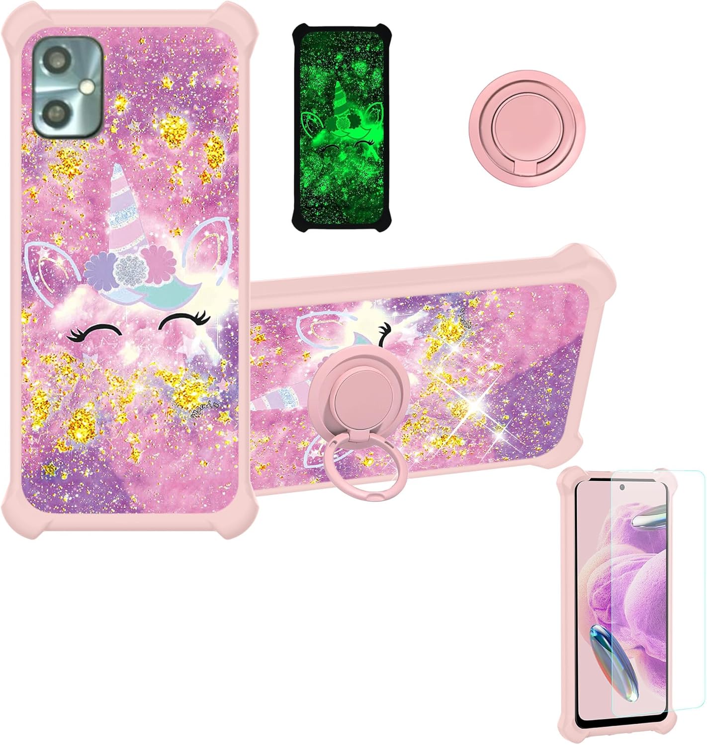 jioeuinly Gold Glitter Luminous Vortex HD62 Case with Tempered Glass Screen Protector and Ring Support