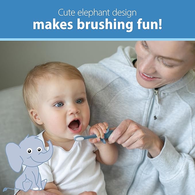 Dr. Brown's Infant-to-Toddler Training Toothbrush Set, Blue Elephant with Fluoride-Free Apple Pear Baby Toothpaste, 0-3 years