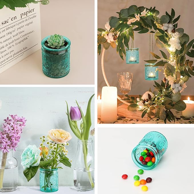 Blue Votive Candle Holders Set of 24, Blue Candle Holders for Wedding Centerpieces, Teal Decor for Home, Vintage Boho Party Table Bridal Shower Centerpieces for Table Decor