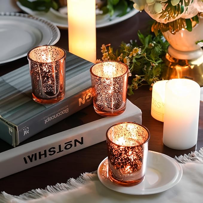 24 Pcs Rose Gold Votive Candle Holders, Speckled Mercury Rose Gold Glass Candle Holder Bulk for Wedding Centerpiece Table Decor, Tea Lights Candle Holder for Valentines Day Decor, Home Decor