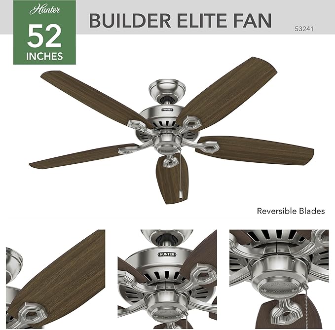 Hunter 52 inch Indoor Ceiling Fan No Light with Pull Chain - Ceiling Fan without Light, Standard Mount, 5 Blades, For Bedroom, Living Room, or Kitchen - Builder Elite 53241, Brushed Nickel