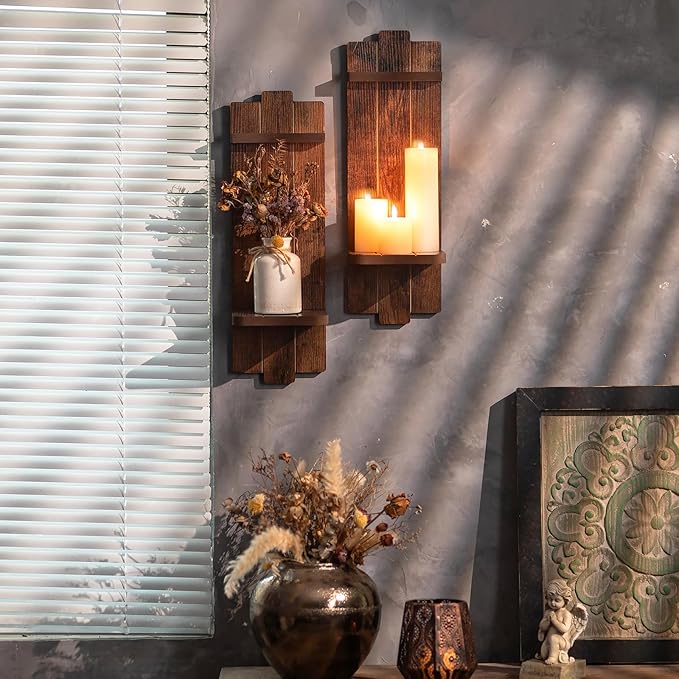 Large Candle Sconces for Farmhouse - 19.7 Inch Wood Candle Holder Wall Decor Set of 2 - Rustic Wall-Mounted Floating Shelf for Fireplace Mantel Bedroom Living Room
