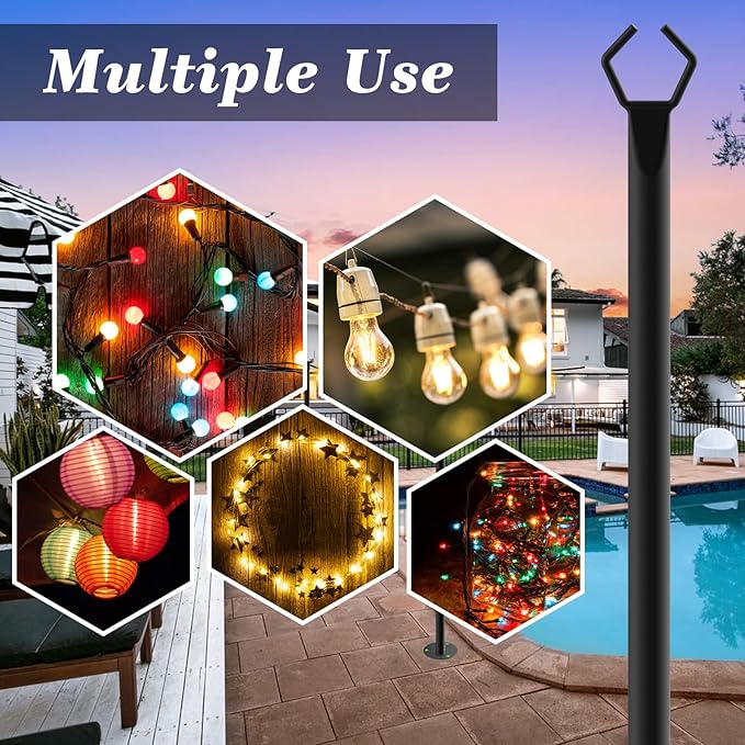 2 Pack 10Ft String Poles, Poles for Outside String Lights,Outdoor with Fork,Metal Poles Stand for Patio,Backyard,Deck