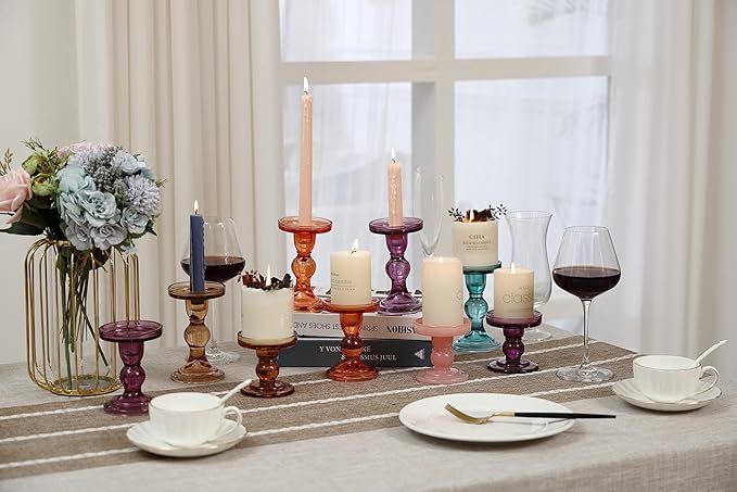 GMWD 3 Pcs Glass Candle Holder Set Clear, Orange Rose Candlesticks Holders Pillar Taper Candles Tealight Stand for Wedding Centerpieces Home Decorations Dining Table