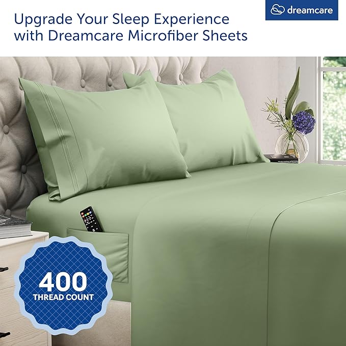 DREAMCARE Queen Size Sheets - Cooling Bed Sheets - 4pcs Set - up to 15" Deep Pocket Queen Sheet Set - Sheets Queen Size Bed - Soft & Long Lasting 100% Fine Microfiber with Side Pocket - Sage Green