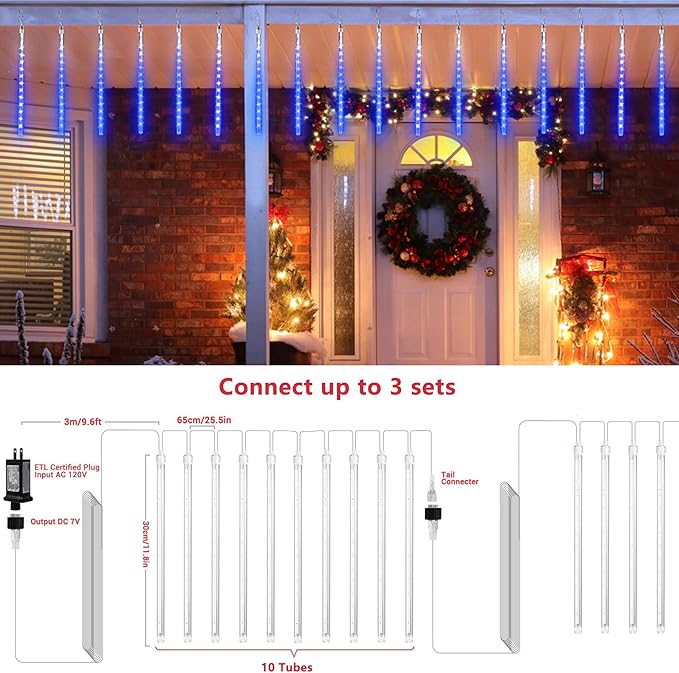 Joomer 2Pack Christmas Lights Outdoor, 11.8 inch 10 Tubes 240 LED Meteor Shower Lights, LED Falling Icicle Cascading Light with Timer Waterproof and Connectable for Christmas Decoration (Blue)