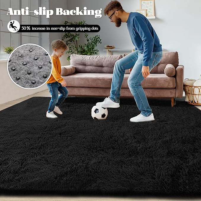 8x10 Area Rug for Living Room: Fluffy Shag Soft Washable Rugs Large Fuzzy Plush Indoor Carpet for Bedroom Nursery Playroom Kids Girls Boys Room (Black, 8'x10')