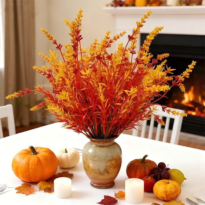 Geegoods 16 Bundles Artificial Fall Flowers Outdoor – Faux Lavender Flowers with Monkey Grass UV Resistant Plastic Faux Plants for Halloween Front Door Porch Patio Yard Balcony Decor, Orange Color