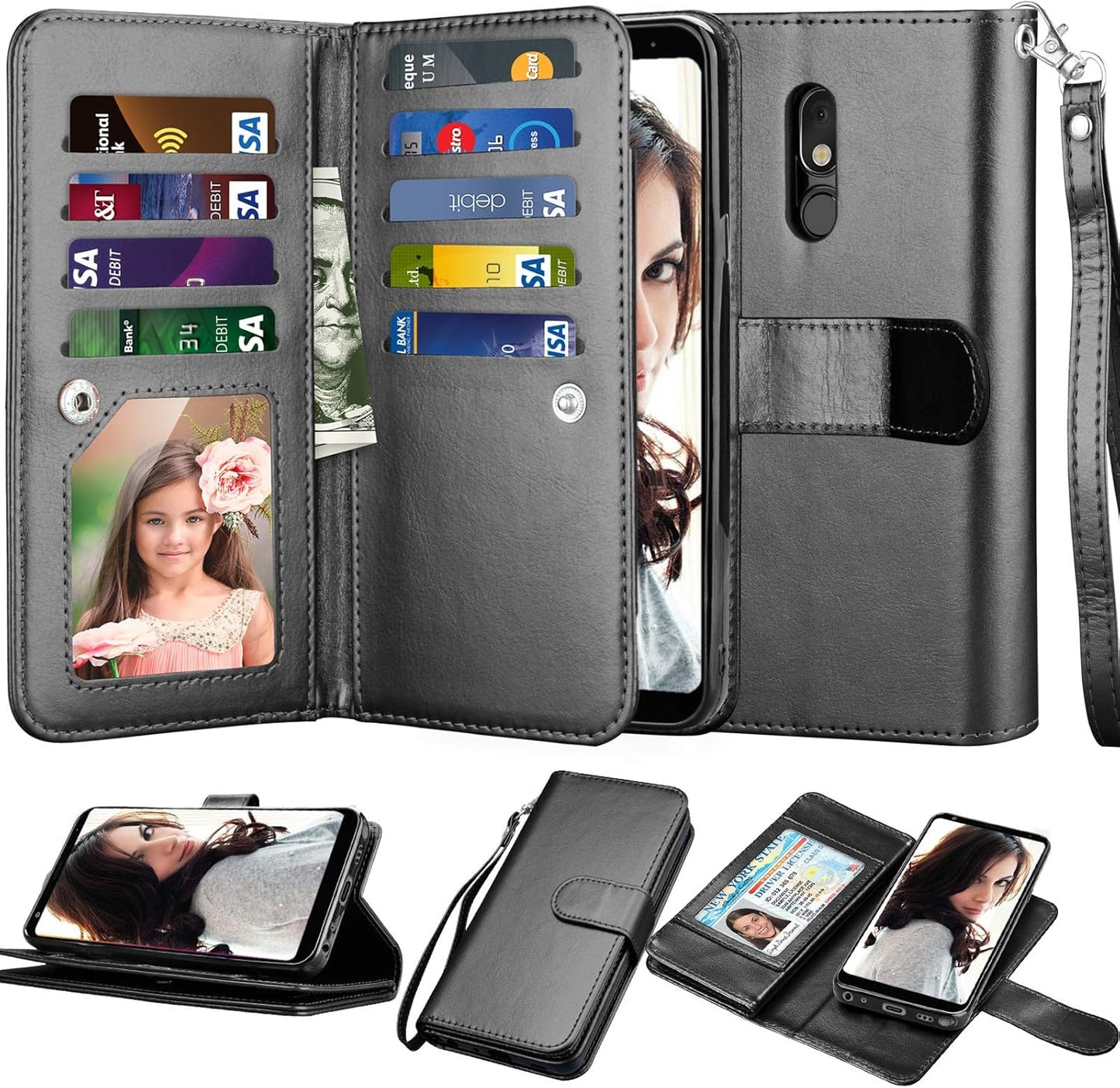 NJJEX Compatible with LG Stylo 5 Case - Wallet Case with 9 Card Slots, Detachable Kickstand, Black