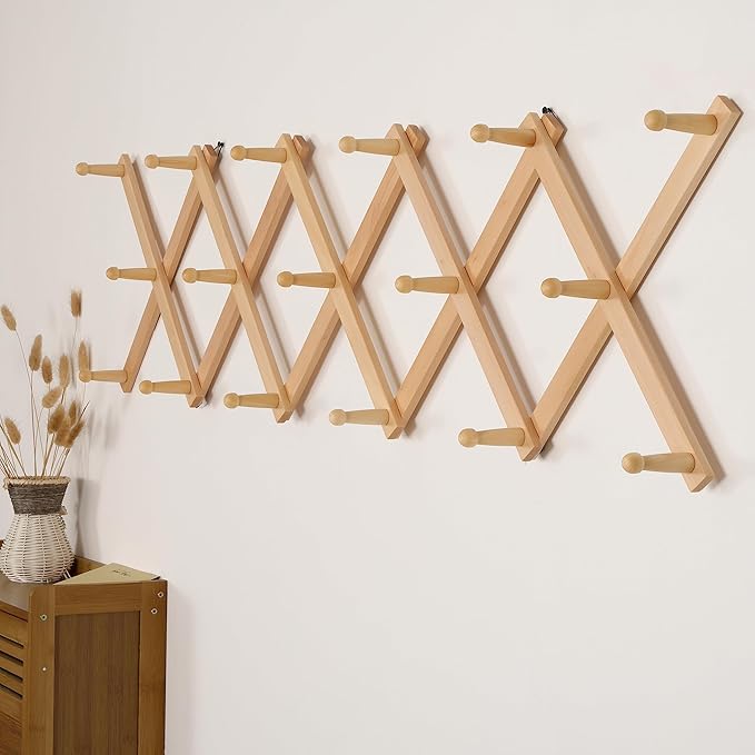 SKOLOO Hat Rack for Wall with 17 Hooks, Solid Wooden, Modern, Expandable Coat Rack Wall Mount for Coats, Hats, Bags, Baseball Caps, Natural Color