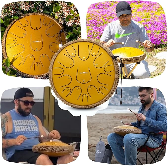 The Balmy Drum - 15 Note 14 Inch Steel Tongue Drum, Steel Drum Instrument, Drums For Children and Adults, Balmy Drum Set for Kids with Music Book, Handpan, Mallet and Carry Bag (Gold)