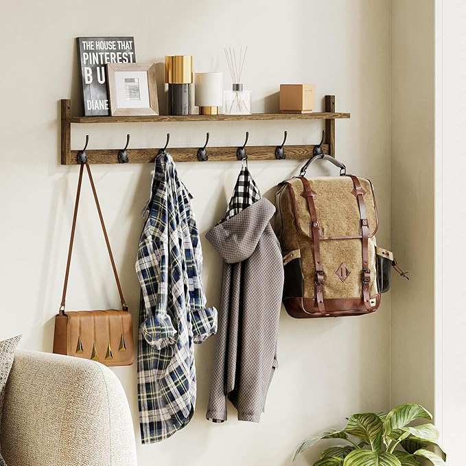 BAMEOS 35" L Wooden Coat Rack Wall Mount, Large Wall Coat Hooks with Shelf, Wall Hanging Shelf with 7 Dual Metal Hooks for Entryway, Bathroom, Kitchen, Living Room, Bedroom