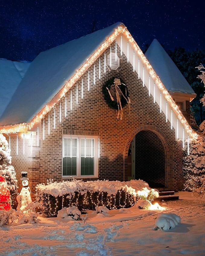 Joomer 2Pack Christmas Lights Outdoor, 11.8 inch 10 Tubes 240 LED Meteor Shower Lights, LED Falling Icicle Cascading Light with Timer Waterproof and Connectable for Christmas Decoration (White)
