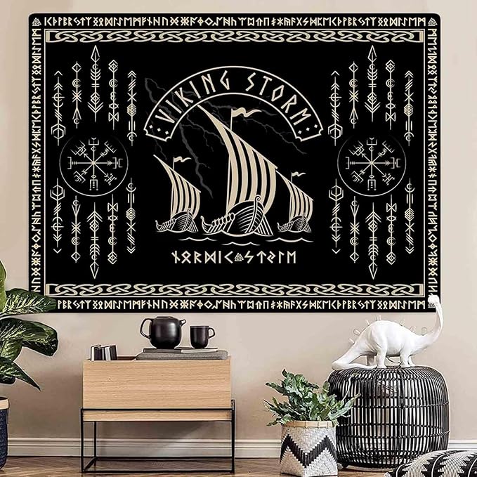 OSUNBD Viking Warship Tapestry Wall Hanging - Large 108x90 inches Storm & Celtic Runes on Soft Flannel Aesthetic Mythology Tapestries Norse Mythology Art for Bedroom, Living Room Decor