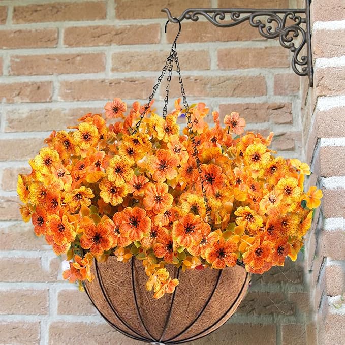 Orgrimmar 2 Pack Artificial Fall Mums Hanging Basket - UV Resistant Fake Hanging Plants with Realistic Silk Mums & Eucalyptus, Coconut Lining Baskets for Home Porch Balcony Patio Yard (Orange)
