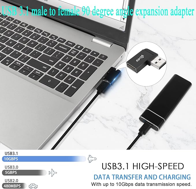 QIANRENON 90°Angle USB 3.1 Adapter 10Gbps USB 3.1 Male to Female Right Angle Connector USB A 3.1 L-Angle Converter Coupler, Support Data Transfer OTG 3A Charging, 2Pcs(Right Angle Side Bend)