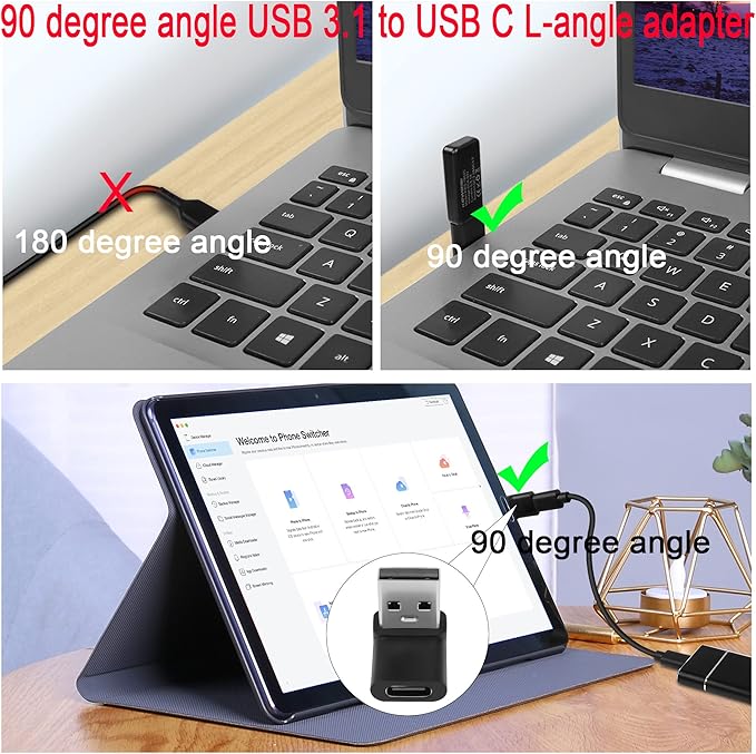 QIANRENON 10Gbps USB 3.1 to USB C 90° Angle Adapter USB A Male to USB C Female L-Shaped Angle Connector, for OTG Data Transfer 3A Charging, for PC Laptop Tablet,2Pcs (Positive Bend/Female up)