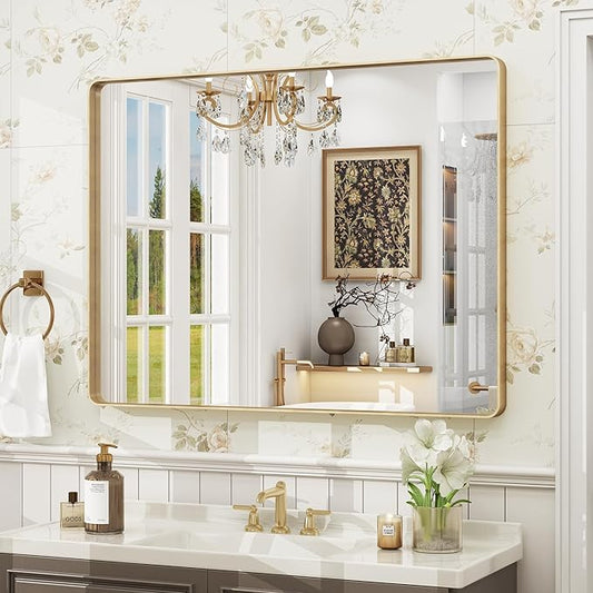 40x30 Inch Gold Framed Bathroom Mirror, Brushed Gold Metal Vanity Mirror, Gold Rectangle Mirror for Wall, Rounded Corner, Tempered Glass, Anti-Rust, Shatterproof (Horizontal/Vertical)
